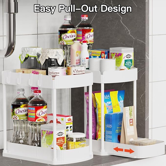 2 Pack Multi-Purpose Pull-Out Storage Organizers, Under Sink & Cabinet Storage, 12.8 Inch, White-NeatNest