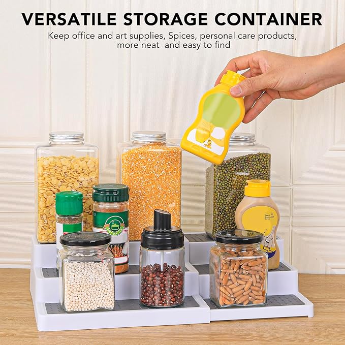 3-Tier Expandable Spice Rack, Plastic Spice Rack Organizer for Cabinet, Adjustable Length, Non-Skid Spice Shelf Organizer for Kitchen Cabinet, Countertop or Pantry, 2 Pack, White/Grey-NeatNest