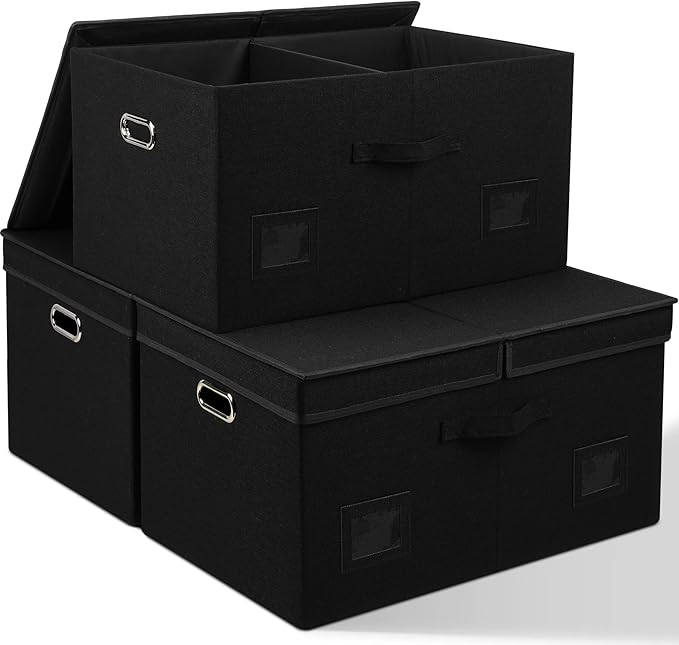 75 Quarts Extra Large Decorative Storage Bins with Lids, 3 Packs Black Collapsible Storage Bins with Lids, Stackable Storage Bins Decorative Box Storage With Lid Extra Large-NeatNest