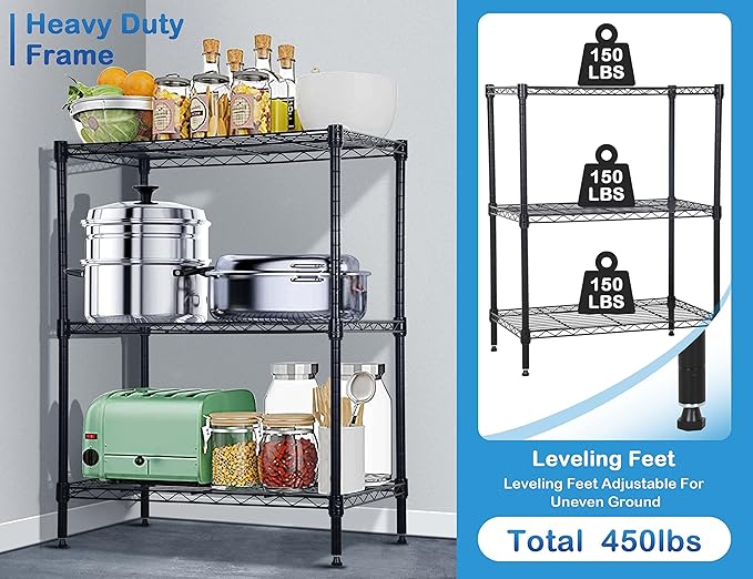 3 Tier Shelf Organizer Kitchen Shelving Bathroom Organizer Metal Wire Shelving Unit Height Adjustable, Bathroom Storage Shelves Laundry Room Storage Shelves, 24x14x30 in, 450 Lbs Capacity