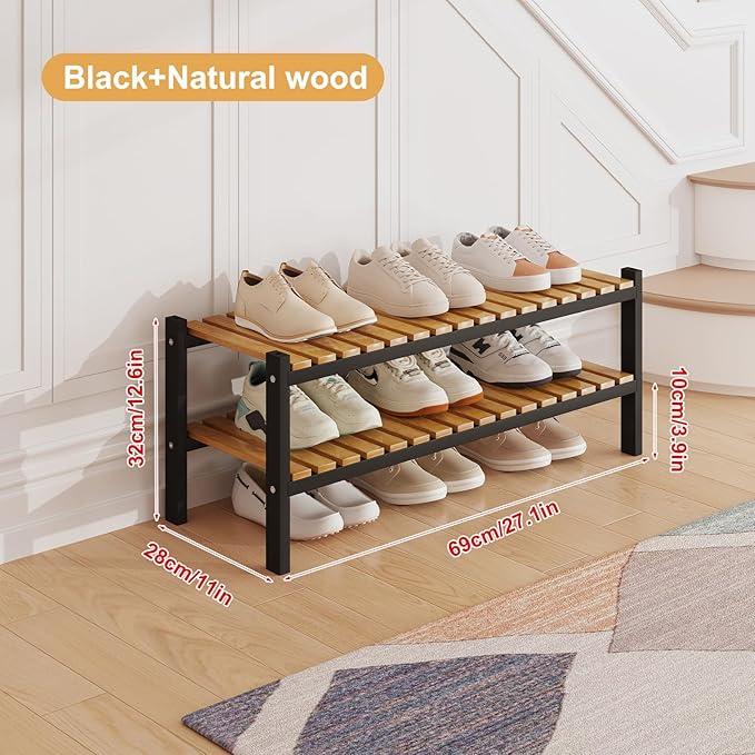Bamboo Shoe Rack Organizer for Closet and Entryway - Space-Saving Narrow Shoe Stand - Versatile Shoe Holder for Door or Closet Shelf, Garage Bedroom can Freely Stack DIY Small Shoe Racks 2 Tier-NeatNest