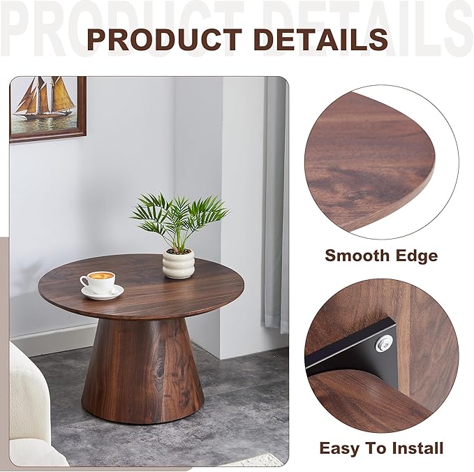 25.6" Small Round Coffee Table, Wood Mid Century Modern Coffee Tables with Pedestal Base, Space Saving Circle Center Table for Living Room, Small Space, Apartment (Walnut)