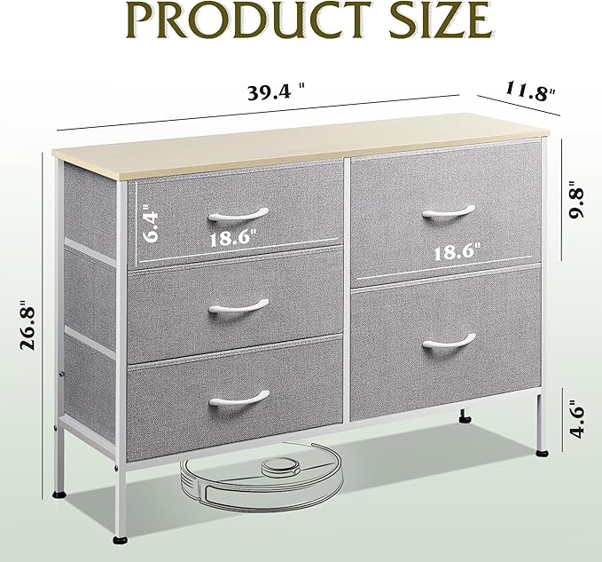 WLIVE Dresser for Bedroom with 5 Drawers, Wide Bedroom Dressers with Drawer Organizers, Chest of Drawers, Fabric Dresser for Living Room, Closet, Hallway, Light Grey-NeatNest