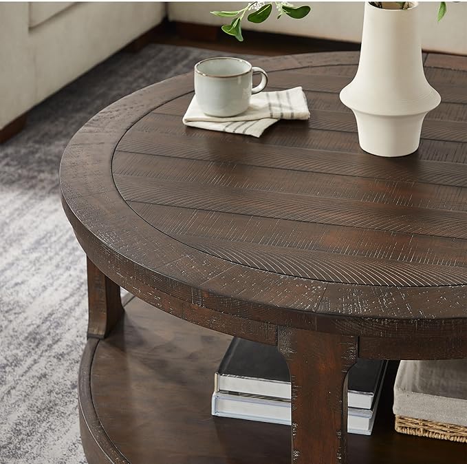 Coffee Table Round Wood Brown 40" Coffee Tables for Living Room Modern Circle Center 2-Tier Solid Desktop Minimalistic Design Accent with Shelf Storage Home Furniture Apartment Office Easy to Assemble-NeatNest