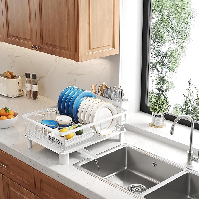 Dish Drying Rack - Small Dish Rack for Kitchen Counter, Stainless Steel Dish Drainer with Utensil Holder and Drainboard (White)