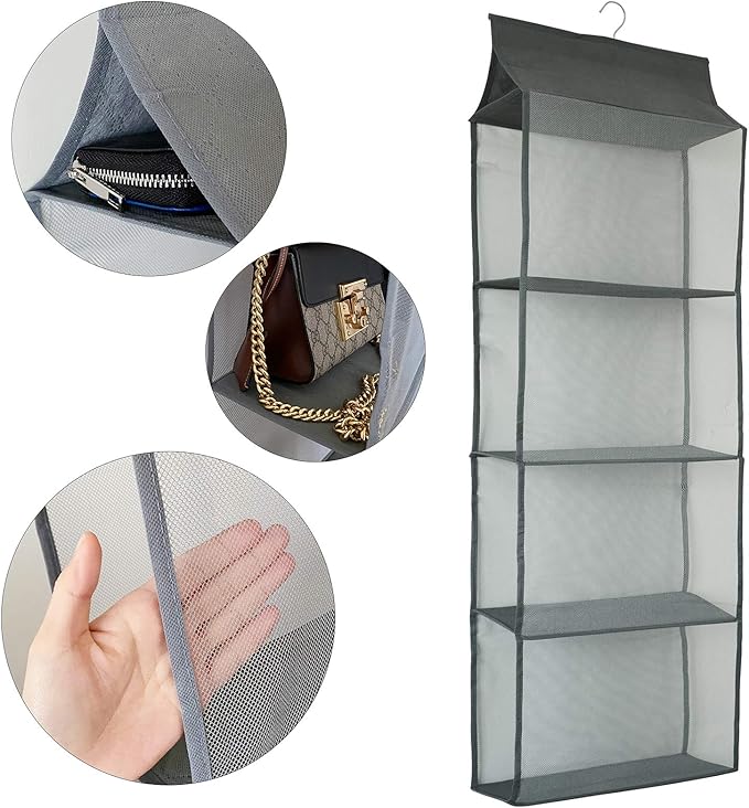 Closet Handbag Purse Holder, Space Saving Hanging Handbag Storage Tote Bag Organizer Holder with 4 Large Heavy-Duty Mesh Shelves for Wardrobe Closet(Pack of 2 Gray)-NeatNest