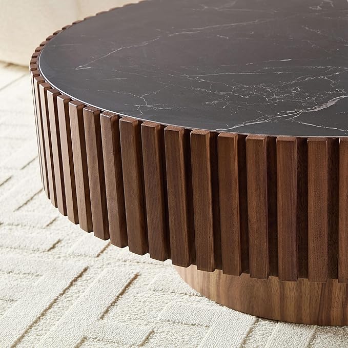 35.43'' Round Coffee Table Wood Circle Coffee Table with Marble Top Pedestal Center Table Fluted Accent Tea Table for Living Room Apartment Office Walnut