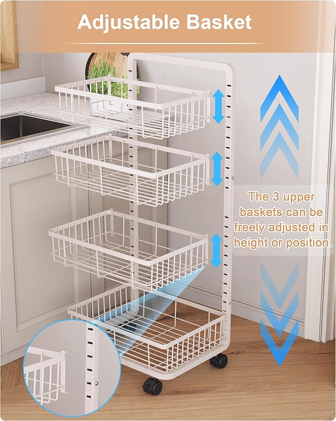 UMDONX 4-Tier Kitchen Storage Cart Metal Snack Cart Adjustable Fruit Basket on Wheels Stand Baskets for Potato Onion Produce White