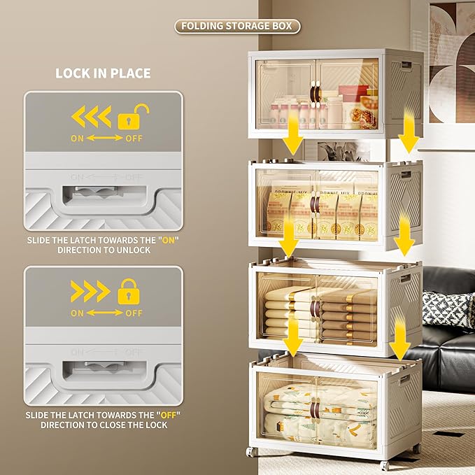 532 QT / 133 Gal Collapsible Storage Bins with Wheels & Magnetic Doors - Stackable Plastic Cabinet Organizer for Home, Garage, Closet (White Space-Saving Containers)-NeatNest