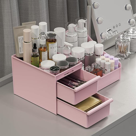 Makeup Organizer Countertop, Vanity Organizer with Drawers for Cosmetics, Skincare, Brushes, Perfume, Skincare Organizer for Vanity, Perfume Organizer for Dresser, Bathroom (Pink&2 Drawers)-NeatNest