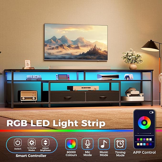 Huuger 79 Inch TV Stand for 85, 90 Inch TV, Entertainment Center with LED Lights and Power Outlets, TV Console with Drawers, Shelves, Type C, PU Leather Surface, for Living Room, Black-NeatNest