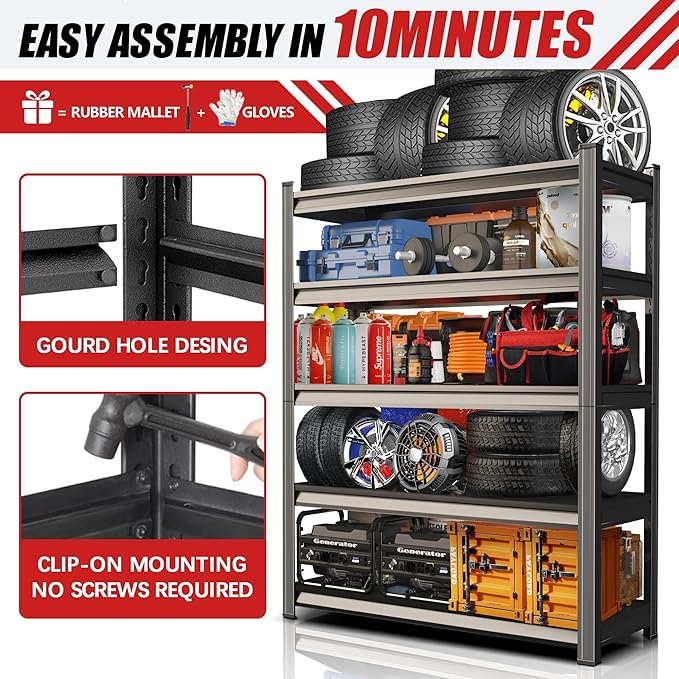 2500lb Capacity Heavy Duty Industrial Shelves | 5-Tier Steel Storage Rack | Adjustable Garage, Warehouse, Workshop Shelving | 71" H x 39.4" W x 17.7" D | Black-NeatNest
