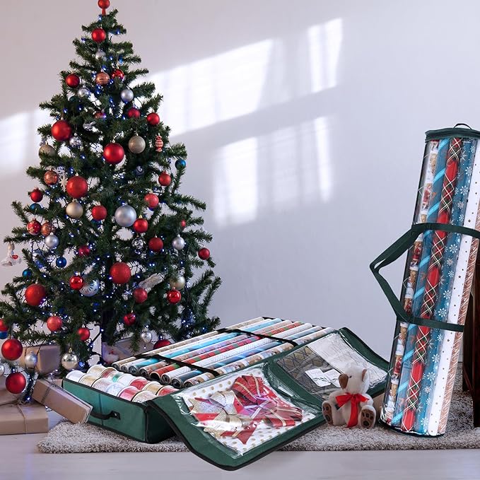Hearth & Harbor Wrapping Paper Storage Container and Clear Wrap Paper Holder - Christmas Storage Bag with Interior Pockets - Fits Up to 36 Rolls of 40" - Tear Proof, Green-NeatNest