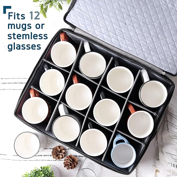 Hearth & Harbor Coffee Mug Storage, Quilted and Stackable Coffee Cup Storage Organizer for Service of 12, Mug Storage Box with Dividers, China Containers Hard Shell for Moving and Organization, Grey-NeatNest
