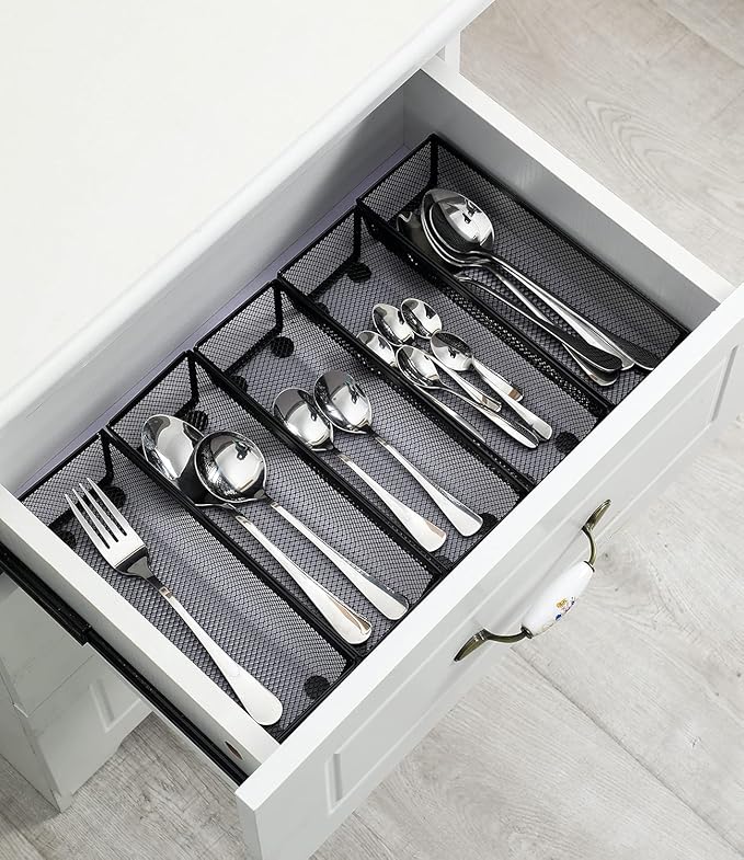 BYCY Silverware Drawer Organizer, Mesh Utensil Organizer for Kitchen Storage, Black Steel Metal Mesh Tray for Flatware Fork Spoon Knife… (9 * 3-5P-Black)-NeatNest