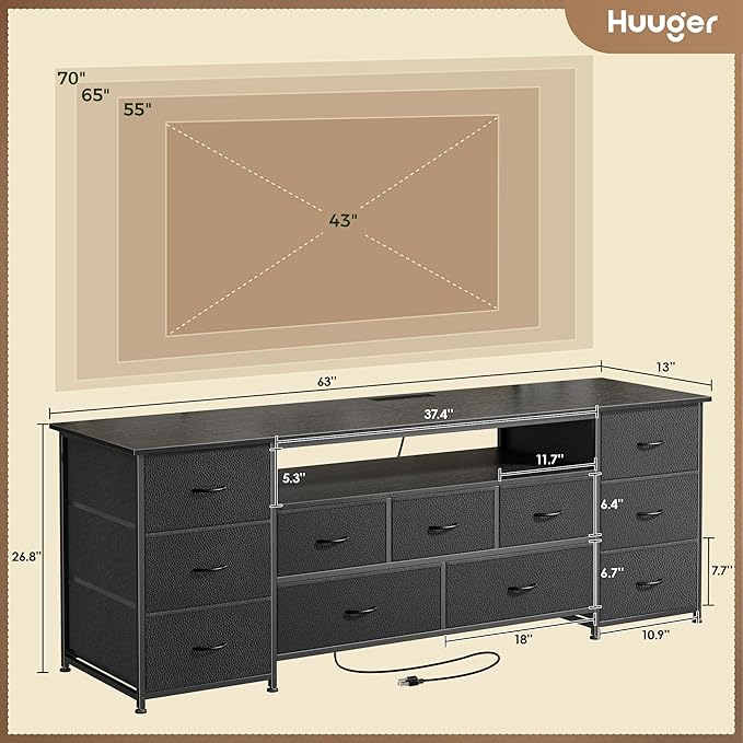 Huuger 63 Inch TV Stand for 65, 70 Inch TV, 11 Drawer Long Dresser with Power Outlets and LED Lights, Entertainment Center with Storage, Black Dresser with PU Leather Surface