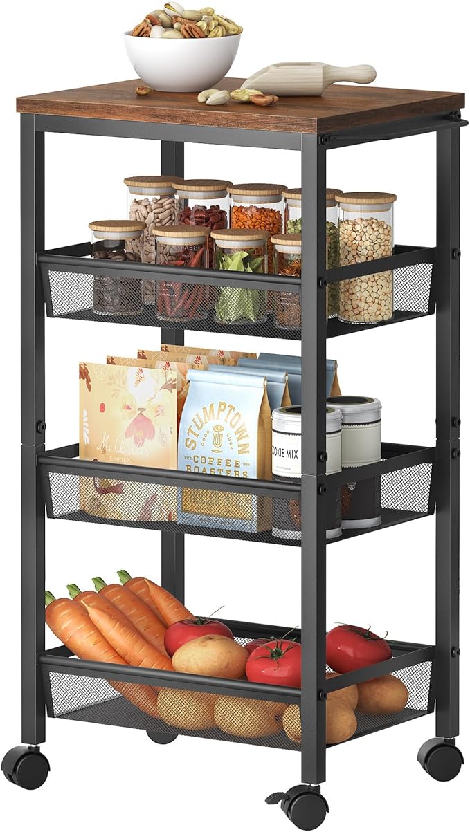 Hoctieon Rolling Storage Cart, 4-Tier Wide Panel Kitchen Storage Cart, Utility Carts with Handle & Wheels, Mobile Shelving Unit, Metal Frame Narrow Carts for Home Kitchen, Laundry, Rustic Brown