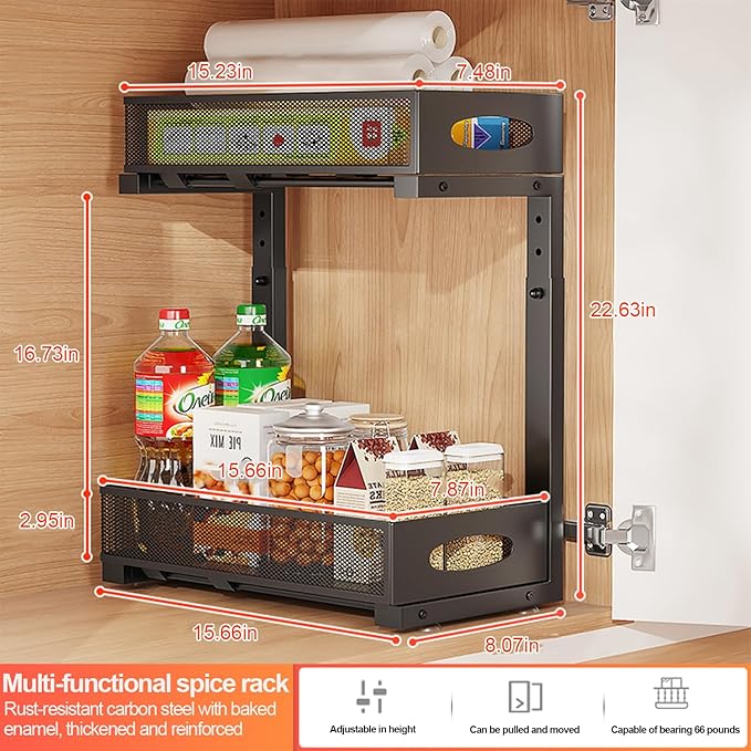Under Sink Organizer, 2-Tier Put Out Cabinet Organizer, Adjustable Rust Proof Under Sink Organizers and Storage, Kitchen Undersink Organizers for Kitchen, Bathroom, Cabinet, Counter, 2 Pack, Black-NeatNest