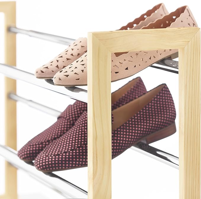 Whitmor 3 Tier Expandable Shoe Rack -Stackable - Natural Wood and Chrome-NeatNest