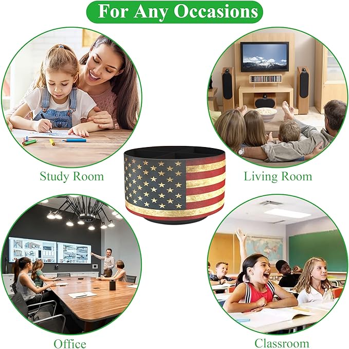Hennaja Round Leather Art Supply Organizer,Remote Control Holder,360 Degree Rotating,Multi-Functional Pencil Holder,4 Compartments Desktop Stationary Organizer(1-American Flag)-NeatNest
