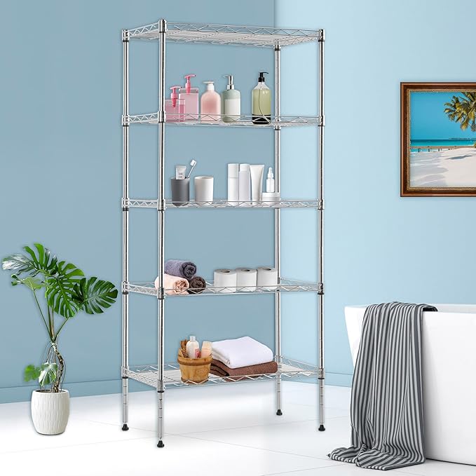 BestOffice Garage Shelving 5 Tier Metal Storage Shelves 750lbs Weight Capacity Heavy Duty Wire Shelving NSF Certified Utility Shelves with Leveling Feet for Garage Home Office, Chrome-NeatNest