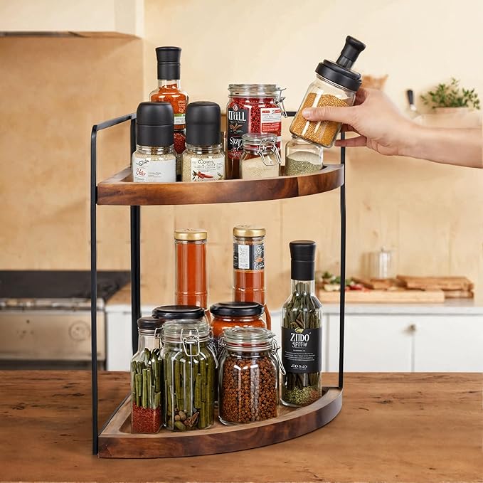 Bathroom Corner Counter Organizer 13.2x9.9 inch, 2 Tier Acacia Wood Organizer Countertop, Corner Storage Shelf Standing Rack, Cosmetic Vanity Tray Kitchen Spice Rack, Bathroom Storage Décor-NeatNest