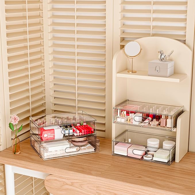Clear Makeup Storage Drawer, 12''W Stackable Bathroom Organizers and Storage Drawer, Acrylic Cosmetic Display Case For Vanity, Undersink, Cabinets, Desk Organizer (3 Pack)-NeatNest