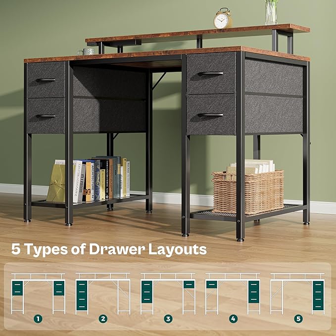 Huuger 47 inch Computer Desk with 4 Drawers, Gaming Desk with LED Lights & Power Outlets, Home Office Desk with Large Storage Space for Bedroom, Work from Home, Rustic Brown and Black-NeatNest