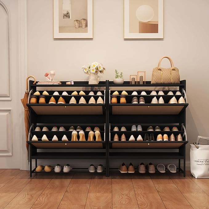 AVZEAR Narrow Shoe Storage Cabinet for Entryway with 2 Flip Drawers, Freestanding Shoe Cabinet with Natural Linen Panel, Slim Wood Shoe Organizer Closed Shoe Rack for Hallway, Foyer(Black)-NeatNest