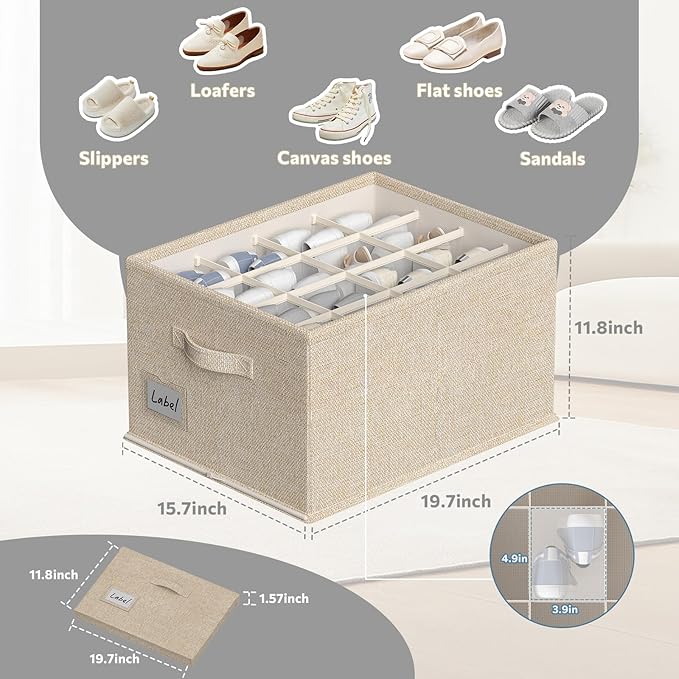 2 Pack Shoe Organizer For Closet, Fits 16-32 Pairs Fabric Shoe Storage Bins Large Shoe Box Storage Containers with Bottom Support For Shoes Space Saving Shoes Holder (Beige)-NeatNest