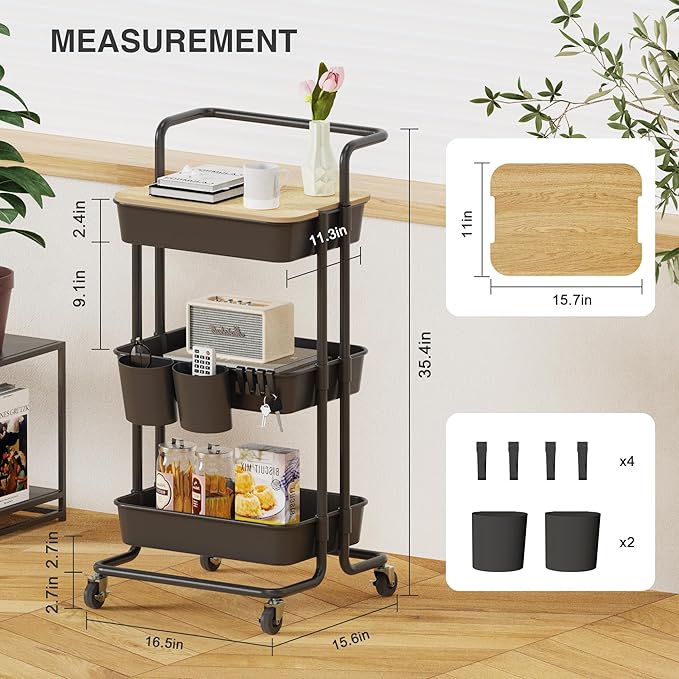 DTK 3 Tier Rolling Cart Uility Cart with Cover Board, Mobile Storage Cart with Wheels, Cups, Hooks for Office Utility Kitchen Bathroom Homeschool Art Craft Postpartum Teacher Cart Organizer(Black)-NeatNest