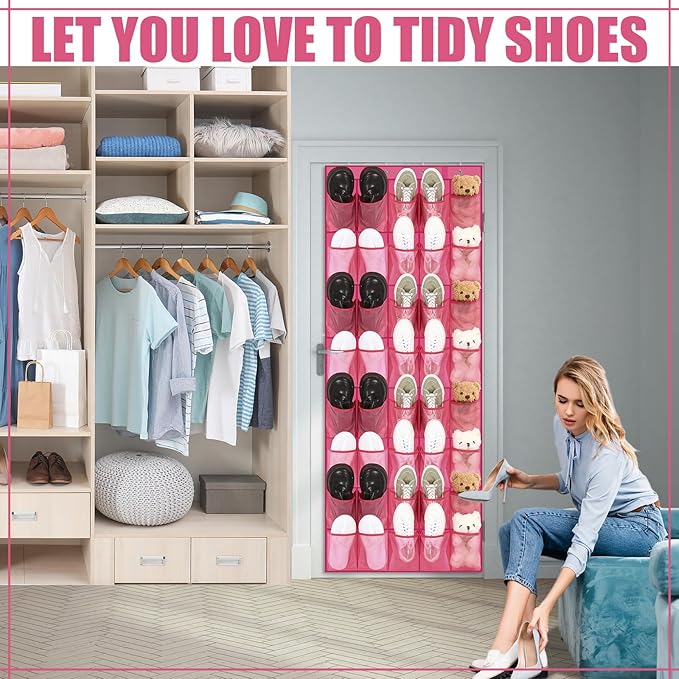 Windyun 40 Over the Door Shoe Organizer Large Mesh Pocket Hanging Shoe Rack for Closet Rose Red Nonslip Behind Door Storage Holder Back to School Organizer for Dorm Room College Classroom Storage-NeatNest