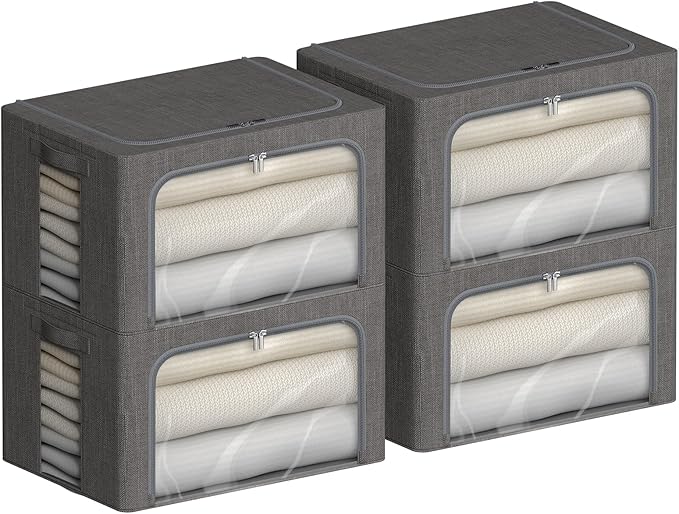 4 Pack Clothes Storage Bins with Metal Frame - Linen Fabric Foldable Stackable Container Organizer Set with Clear Window & Carry Handles & Zippers (Dark Gray, 15.7"x11.8"x7.8")-NeatNest