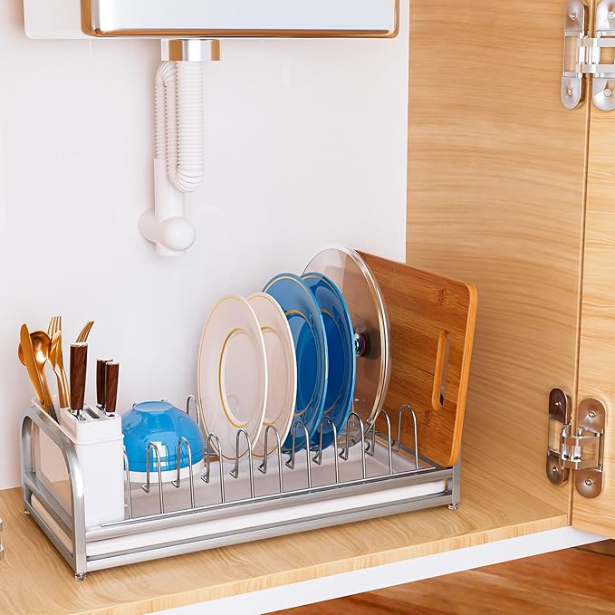 Dish Drying Rack Small for Kitchen Counter, 304 Stainless Steel Small Dish Rack w Cutlery Holder, Dish Drainer for Pots & Pans, Cutting Boards, Plates, Serving Trays & Lids (Silvery)