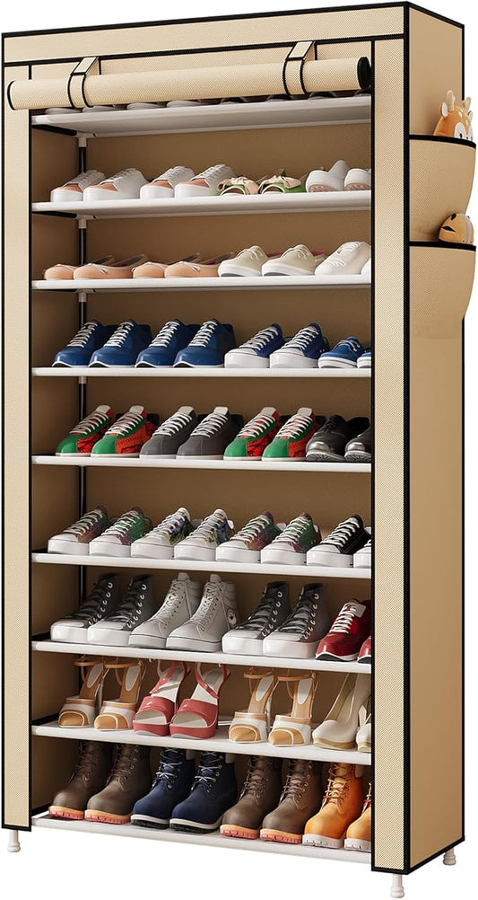 Laiensia 9-Tier Shoe Rack ，Space Saving Shoe Storage Organizer Non-Woven Cover Shoe Shelf Holds 36-45 Pairs for Bedroom, Hallway, Entryway, Beige-NeatNest