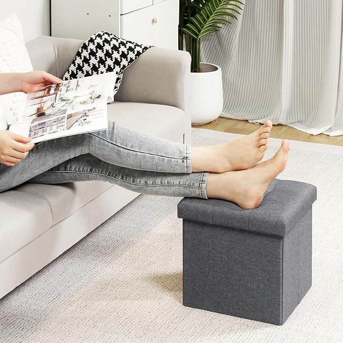 B FSOBEIIALEO Storage Ottoman Cube, Toy Chest Folding Foot Rest Seat, Linen Grey 12.6"X12.6"X12.6" (2 Pack)