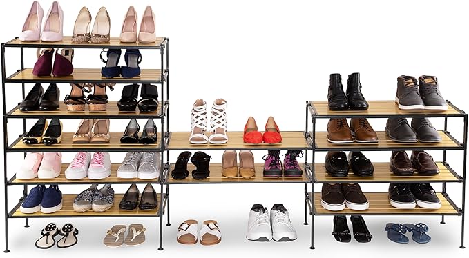 Seville Classics Sturdy Freestanding Storage Shelf for Bedroom, Closet, Entryway, Dorm Room Organizer Stackable Durable Metal Shoe Rack Countryside Aspen Slat, 2-Tier-NeatNest