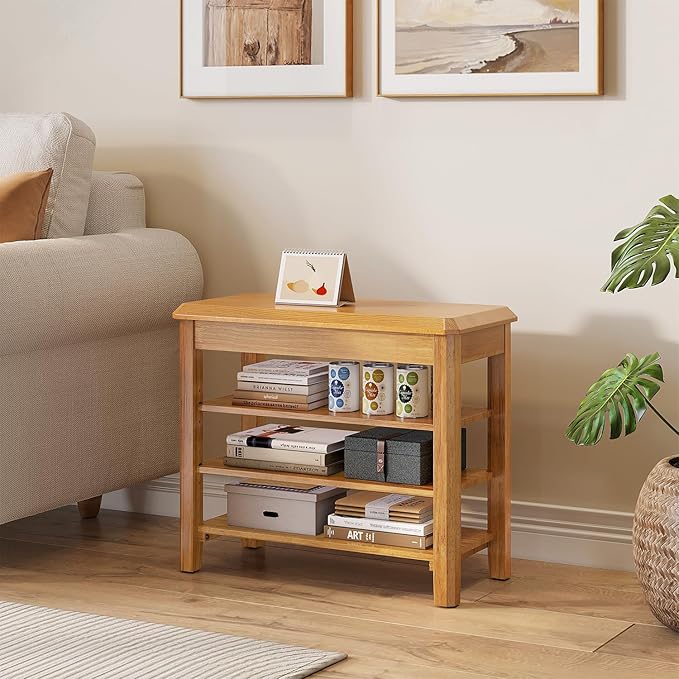 Shoe Rack Bench Seat Rubberwood 3-Tier Wooden Storage Bench 550lbs Compact Mid-Century Modern Design for Entryway, Hallway, Closet, Front Door Entrance, Foyer
