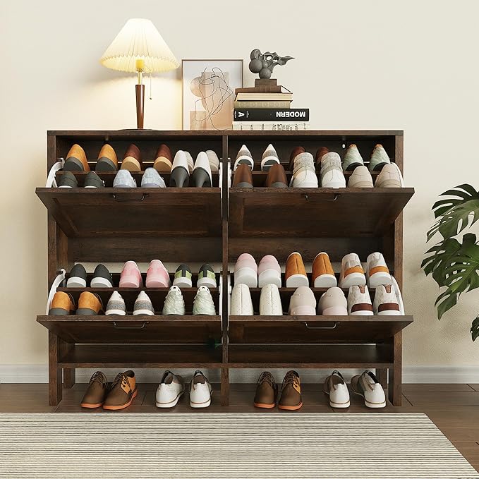 Shoe Storage Cabinet with 4 Flip Drawers, Wooden Shoe Rack with Metal Handle, Freestanding Hidden Shoe Storage Organizer with Open Shelf, Narrow Shoe Rack for Entryway, Hallway (Brown)