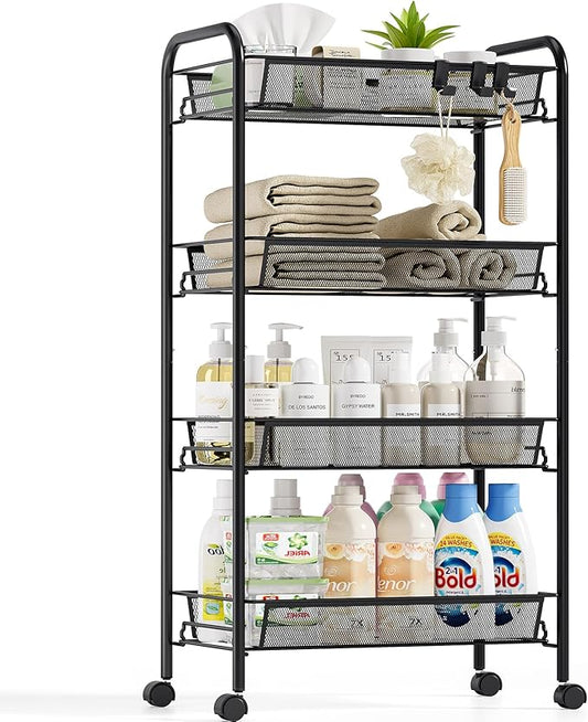4-Tier Metal Utility Cart, Mesh Wire Rolling Cart on Wheels, Storage Trolley with Easy Assembly, Organizer Craft Cart 3 Hooks, Mobile Shelving Unit for Bathroom, Laundry Room, Home