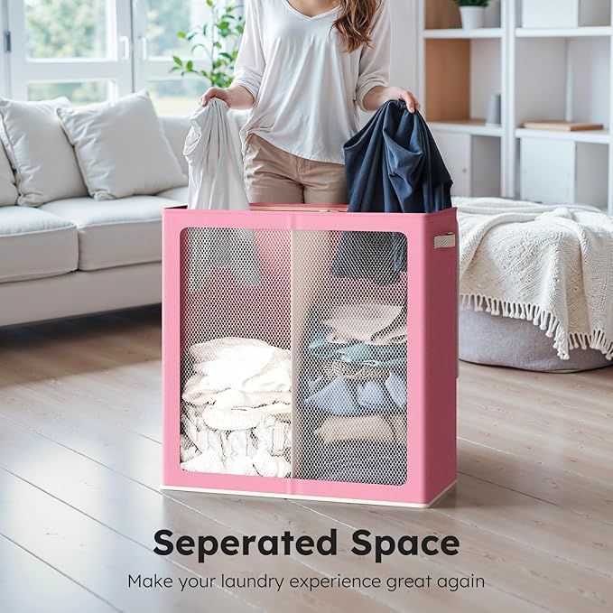 SOLEDI Large Double Laundry Hamper with Lid, Collapsible Clothes Hamper 2 section with Removable Bags, Space-Saving Laundry Basket for Bedroom, Dorm, College-NeatNest