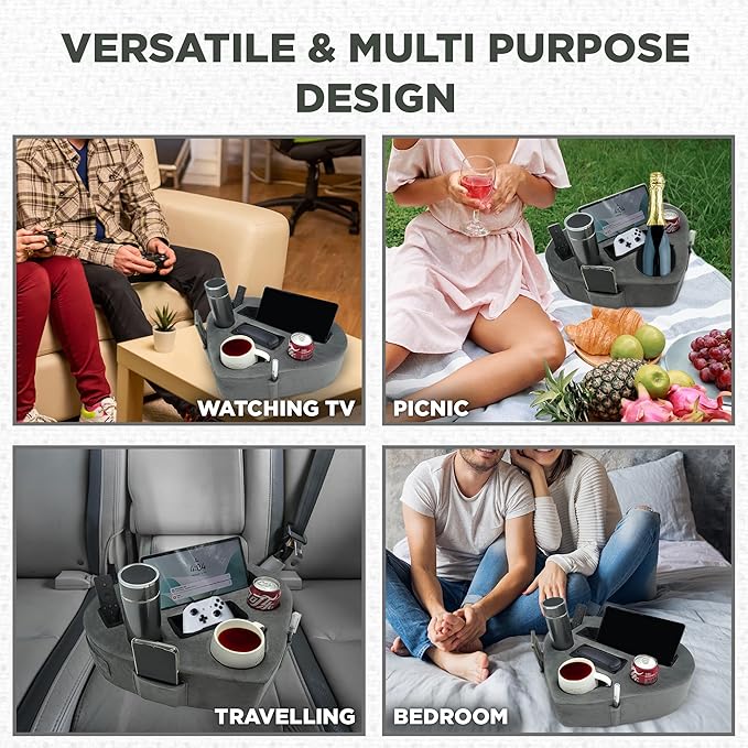 Heart-Shaped 8-in-1 Bed & Couch Cup Holder, Sofa Organizer Caddy Holds Phone, Tablet/iPad, TV Remote, Gaming Console, Mug - Drinks Cupholder Tray - Buddy Pillow Gift for Women & Couples, Gray-NeatNest