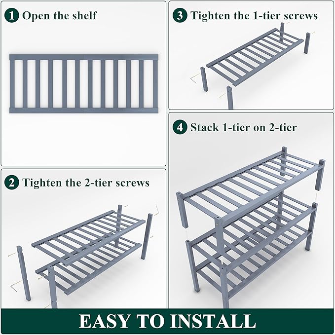 Smiry Shoe Rack, 3 Tier Thick Bamboo Shoe Organizer, Stackable Free Standing Wooden Shoe Storage Shelf for Closet, Entryway, Front Door Entrance, Grey-NeatNest