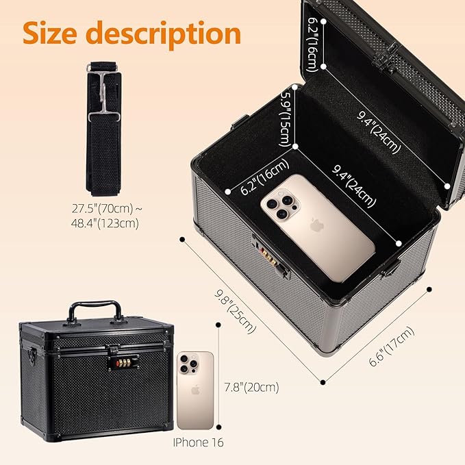 Medication Combination Lock Boxes with Code for Personal Items, Shoulder Medicine Lockbox with Belt for Documents 10 x 7.25 x 7.75 Inches Pure Black