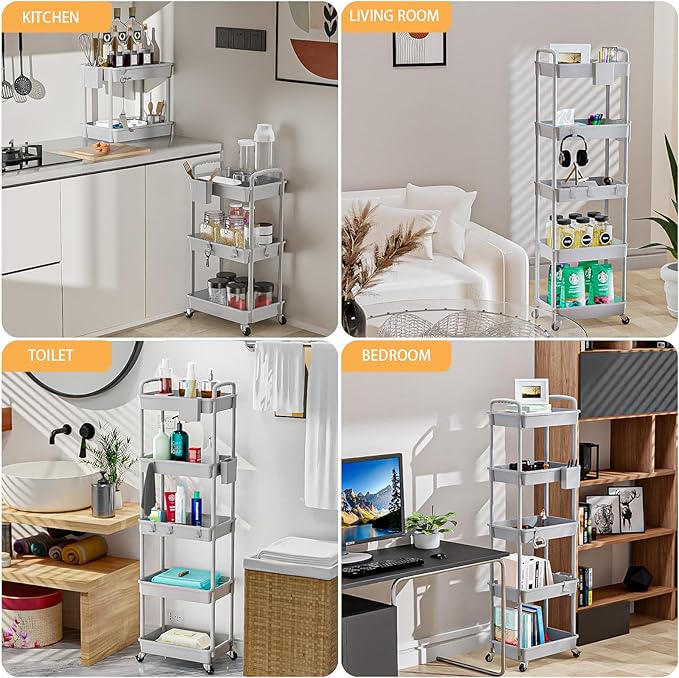 5 Tier Rolling Utility Cart with Handle,REBECAT Utility Cart Made of Multifunctional Storage Organizer Tool for Kitchen,Bathroom,Living Room,Office(Gray)-NeatNest