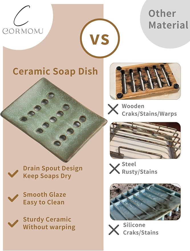 Ceramic Soap Dish with Self Drain for Shower, Bar Soap Holder to Lift and Keep Dry, Concave Design to Prevent Slipping, Suitable for Kitchen and Bathroom, Green-NeatNest