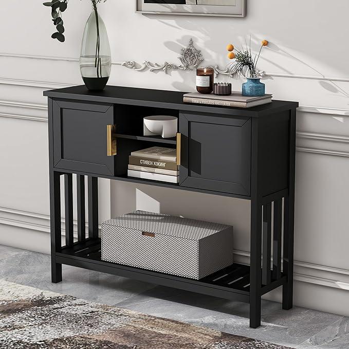 Entryway Console Table with 2 Doors & Storage & Shelf, Sofa Table Entrance Entry Way Table, Hallway Foyer Behind Couch Table (Black with 2 Doors)-NeatNest