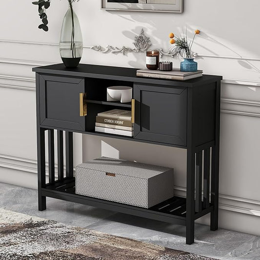 Entryway Console Table with 2 Doors & Storage & Shelf, Sofa Table Entrance Entry Way Table, Hallway Foyer Behind Couch Table (Black with 2 Doors)-NeatNest
