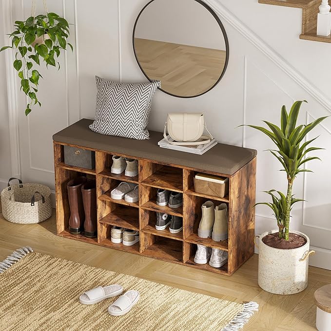 DINZI LVJ Shoe Storage Bench with Cushion, 14-Cubby Shoe Rack, Adjustable Shelves, Multifunctional Shoe Organizer Bench for Entryway, Mudroom, Hallway, Living Room, Bedroom and Garage, Rustic Brown-NeatNest