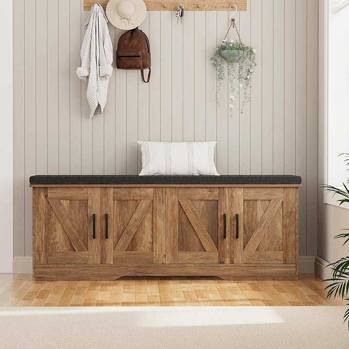 2-Tier Storage Bench, Shoe Bench with Padded Seat Cushion, Entryway Bench with 4 Barn Doors, Adjustable Shelf, 13.8" D x 47.2" W x 17.7" H, for Entryway, Living Room, Bedroom, Rustic Walnut-NeatNest